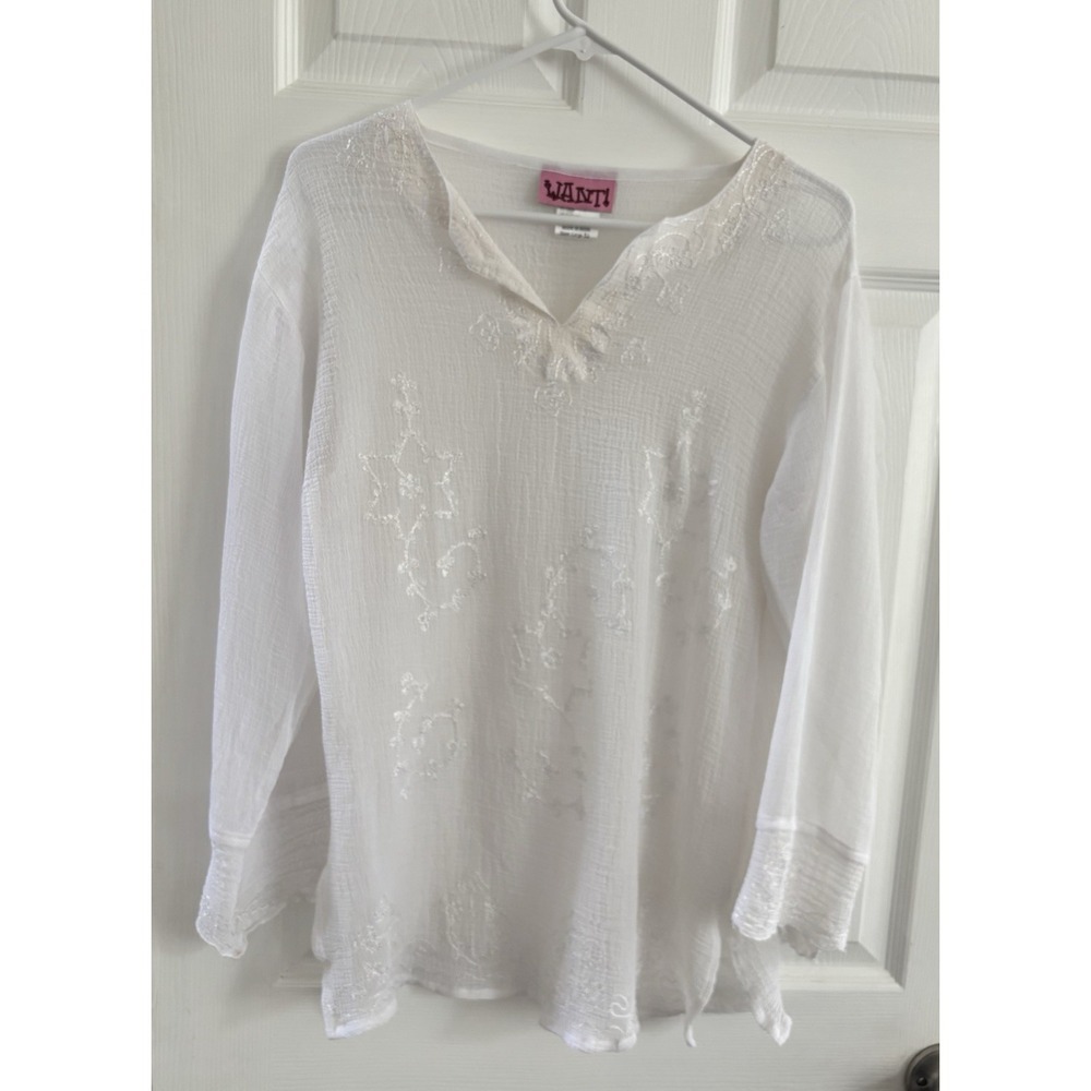 Want‎ Women's Large White Tunic Embroidered Blouse Sheer Beach Coverup